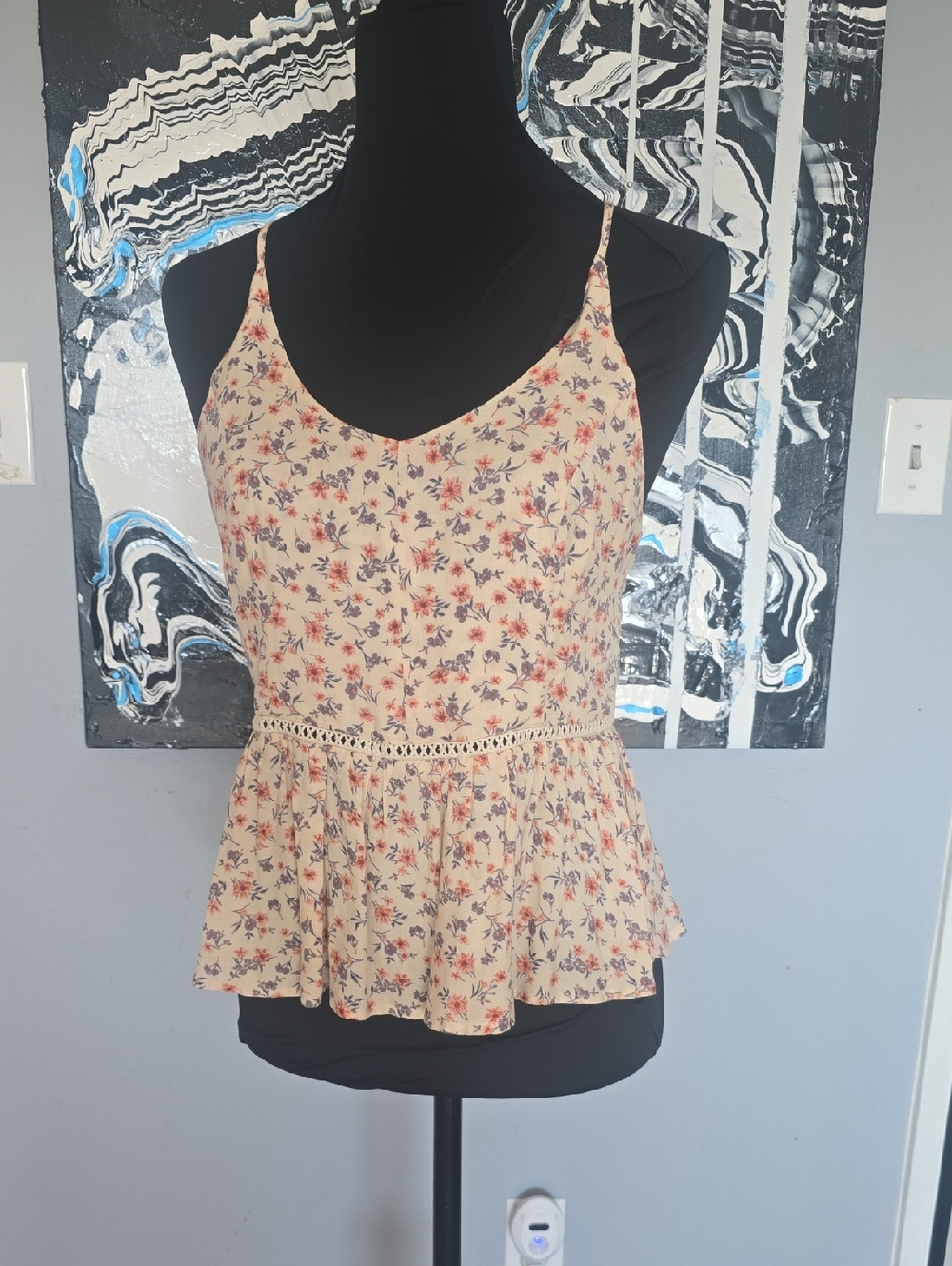 Active USA Cream Floral Peplum Camisole with Blue and Red Flowers